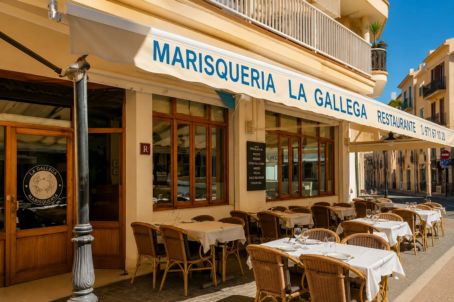 Entrance and terrace of Marisquería La Gallega in Port d'Andratx, with tables set.